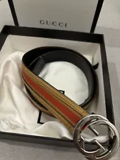 GUCCI Tan/ Red Canvas/leather Belt with Silver Interlocking G Buckle Size 85