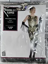 Roaring 20s Flapper Girl Black And Gold Halloween Costume For Women XL 14-16