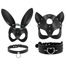 Women Girls Black Sexy Bunny Fox Cat Mask PU Leather Choker Collar Party Cosplay