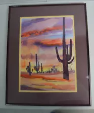 Original Saguaro Sunset Watercolor Art Painting Signed Southwest Framed Decor