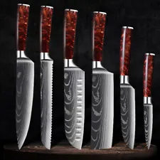 Red 6PC Japanese Damascus pattern Stainless Steel Kitchen Chef Knives Set