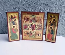 Vintage Triptych Russian Orthodox Nativity Annunciation Icon Theotokos Gabriel