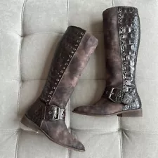 SALE Donald J Pliner Distressed Tall Riding Boots croc leather buckle riveted 7