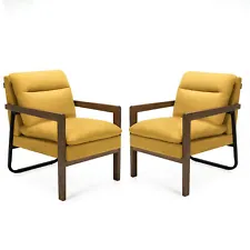 Set of 2 Single Sofa Chair Leisure Accent Chair w/ Wooden Armrests & Legs Yellow
