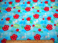 Tropical Fabric By Yard SALE Red Pink White Blue Green Floral on Blue Cotton #C