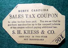 Scarce ~ North Carolina Sales Tax Coupon Issued By S.H. Kress & Co. Dept. Store