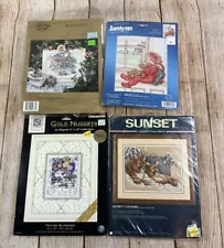 Cross Stitch New Sets Lot Of 4 - Rose Cottage Snowy Cougars Window Seat Teatime