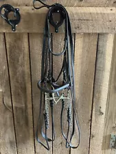 Older Rolled Black Leather Double Bridle Full Size with Leather Reins and Bits