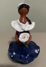 Dominican Glazed Terracotta Faceless Folk Art Woman W/Flower Figurine Blue 5”