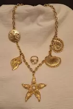 KJL for Avon Vintage Royal Sea Shell Charm Style Faux Pearl Necklace + Ring Lot