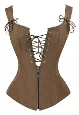 Charmian Womens Renaissance Lace Up Boned Bustier Corset Garters Brown 6X-Large