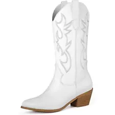 UUQ White Cowgirl Boots for Women Pointed Toe Boots Western Mid Calf Boots SZ12