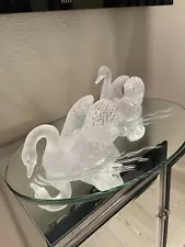 Lalique Glass Sculpture of Two Swans on MIrror