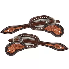 Showman Men's Floral Tooled Argentina Cow Leather Spur Straps w/ Cowhide Inlay