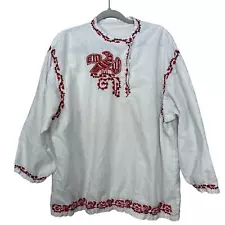 Women's White and Red Embroidered Bird Eastern European Ukrainian Linen Blouse