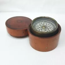 ANTIQUE GEORGIAN BRASS GIMBAL COMPASS IN ROUND WOODEN CASE MARITIME SHIPS c.1820