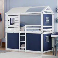 Twin Size Bunk Wood House Bed with Tent, Blue+White