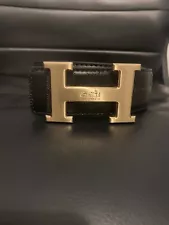 Hermes Black Leather Belt Gold Buckle Men Size 34-38