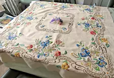 VINTAGE HAND EMBROIDERED LINEN TABLECLOTH- STUNNING QUALITY EMBROIDERY