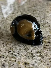 Striking 2.0 Inch Shiny Black Tan Agate Mineral Crystal Skull, An Awesome Piece.