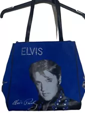 Elvis Presley Tote Handbag Blue, Nylon, Rhinestones, 3 Pockets, Silver Feet