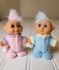 Vintage Russ Troll Doll TWO STANDING BABIES w/Bottles Pink Blue 3" - NEW