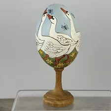 Hand Painted White Geese Real Goose Egg With Wood Stand Artist Signed