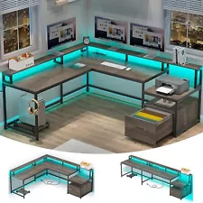 66"L Shaped Home Office Furniture Desk with Drawers Gaming Desk with LED Lights