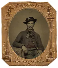 Civil War Soldier Hand-painted Cased Tintype - Guy with Cigar & Great Hat --NR--