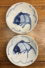 2 Vintage Chinese Koi Fish Blue White Porcelain Plates Shallow Amazing For Rice