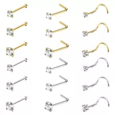 6 Pcs 20G Stainless Steel Nose Stud Set Gold Plated CZ Nostril Piercing Jewelry