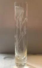 Vtg Mary Bayard White Hand Etched Signed California Poppies Glass Vase 8” X 1.5”