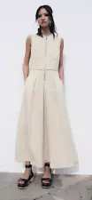 ZARA ZIPPER DRESS LIMITED EDITION BEIGE SLEEVELESS LINEN MIDI FRAYED 2902/586 L