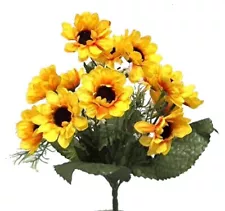 14 MINI SUNFLOWERS Yellow Artificial Bush Silk Fake Miniature Bouquet Faux