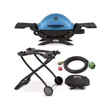 Weber Q 1200 Liquid Propane Grill Blue with Portable Cart Bundle