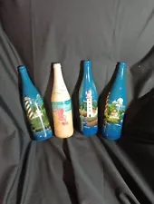 4 Decorative Wine Bottles, Green Base finished with Lighthouses Amd Beach