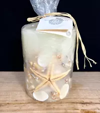 Large Pillar Candle 5”x 4” White Embedded Seashells Coastal Beach