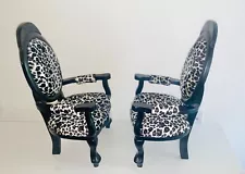 Hand made Leopard Skin and Dark Wood Decorative Chair Pair For Shelf