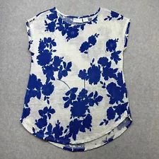 Cynthia Rowley Top Womens Large White Blue Floral Linen Casual Beach Summer