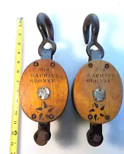 Vntq Pair 13” DOUBLE WHEEL PULLEY Wood Block &Tackle Branded GRAPHITE BRONZE