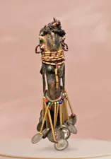 Rare Vintage African Tribal Carved Figurine Fetish Bamboo Skirt w/ Beads & Coins