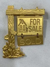 Vintage JJ Realtor Brooch Pin Gold Tone Real Estate House For Sale "SOLD" Sign