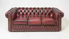 Sofa, Chesterfield, British, Red Leather, Button Tufted, 3- Seater, From England