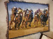 Cotton Throw Blanket Racehorses 48x66