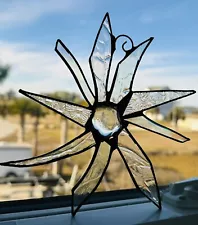 Stained Glass Star Clear, Patterned & Iridescent Free Form, Copper Hanger 7”