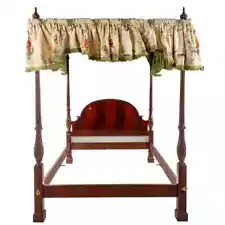 BAKER Queen Size Mahogany Rice Post Carved Canopy Bed Chinoiserie Fabric