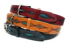 MEN'S WESTERN LEATHER BELT. TURQUOISE DECORATED NEW MEXICO STYLE COWBOY BELT