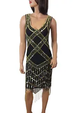 ** SALE ** 1920's Gatsby Flapper Golden Fringe Deco Hem Embellished Dress Women