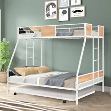 Twin Over Full Bunk Bed with Trundle Metal Bunkbed with Safety Rails and Ladders