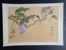 Vintage Chinese Bird with Wisteria Trellis Painting on Silk, Unframed